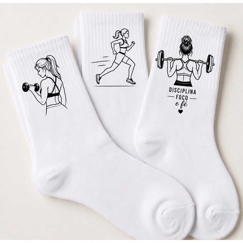 Kit 3 Pares de Meias Brancas Personalizadas Cano Alto Crossfit Academia Corrida Run Frases Unissex